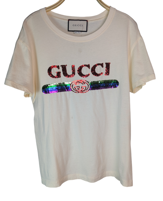 Gucci Cream Sequin Embellished T Shirt Xs